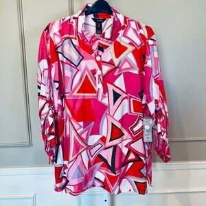 Ali Miles NWT 2X Blouse Top Popover Wire Collar Red Pink Abstract Bold Funky